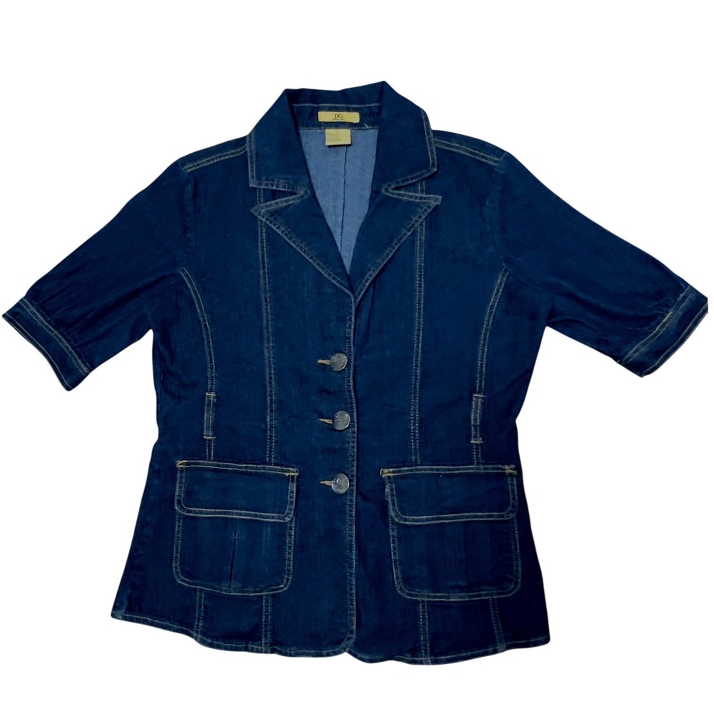 Drama Gold Denim Top Dark Wash Half Sleeve Button Front Pockets Large Casual‎